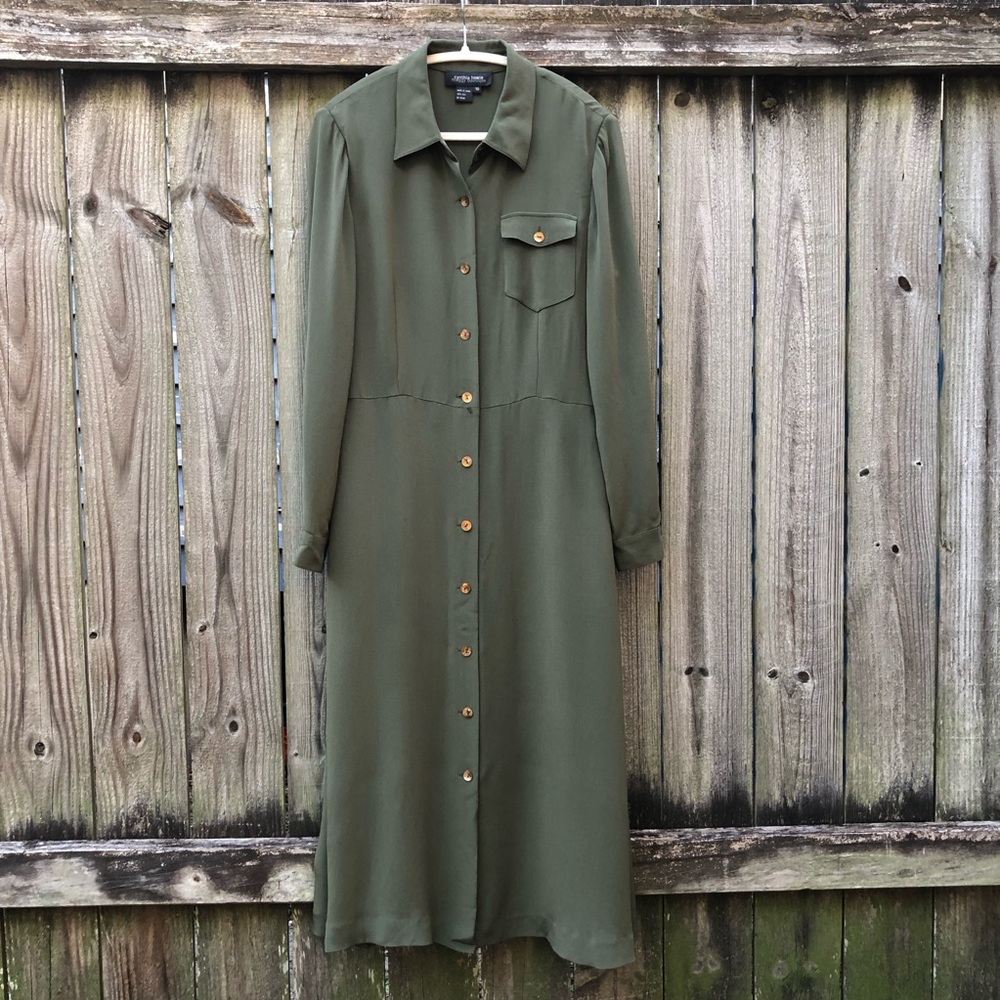Cynthia Howie Maggy Boutique 100% Silk Midi Shirt Dress Size 10 Army Green